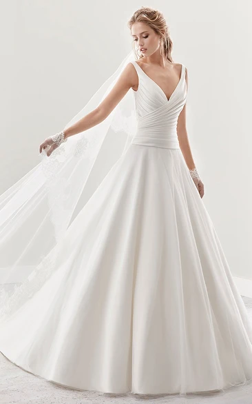V-Neck A-Line Pleated Bridal Elegance Gown With Low-V Back And Brush Train