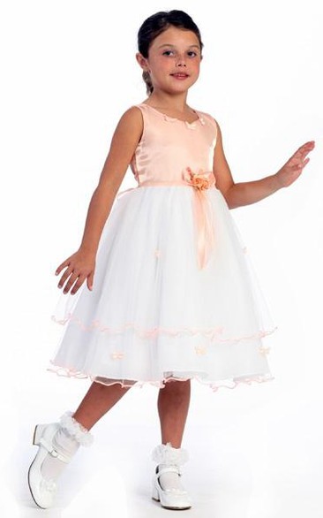 Tea-Length Floral Floral Tulle&Satin Flower Girl Dress