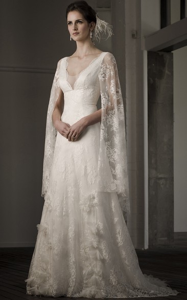 A-Line V-Neck Poet-Long-Sleeve Long Appliqued Lace Wedding Dress With Flower