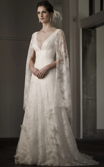 A-Line V-Neck Poet-Long-Sleeve Long Appliqued Lace Wedding Dress With Flower