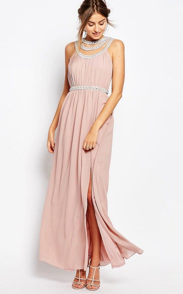 Sheath Ankle-Length Split-Front Sleeveless Scoop-Neck Chiffon Bridesmaid Dress With Beading