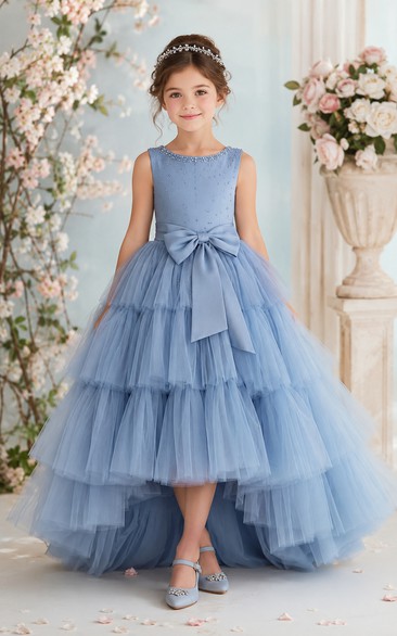 A-line High-low Sleeveless Tulle Flower Girl Dress with Blue high-low tiered tulle with front bow