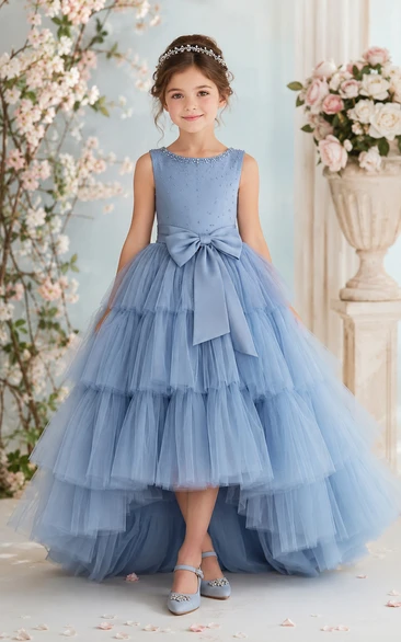A-line High-low Sleeveless Tulle Flower Girl Dress with Blue high-low tiered tulle with front bow