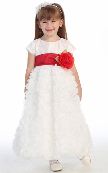 Ankle-Length Cap-Sleeve Tiered Tulle&Taffeta Flower Girl Dress