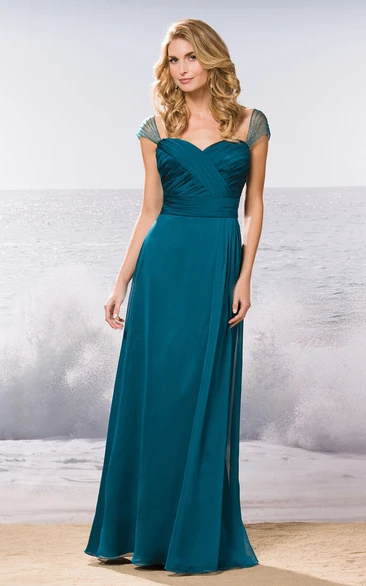 Cap-Sleeved Long Bridesmaid Dress With Crisscross Ruching And Beadings