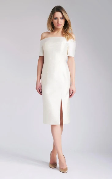Off-The-Shoulder Short Sleeve Sheath Tea Length Dress With Front Slit