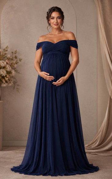 Maternity A-Line Maternity Dress with Off-the-shoulder, Short Sleeve and Pleats Drape, Floor Length