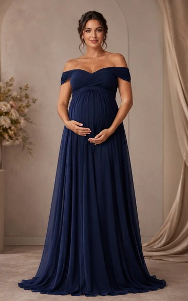 Maternity A-Line Maternity Dress with Off-the-shoulder, Short Sleeve and Pleats Drape, Floor Length