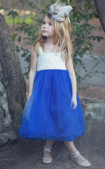 Tea-Length Tiered Tulle&Satin Flower Girl Dress