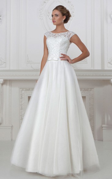 A-Line Cap-Sleeve Floor-Length Scoop-Neck Lace&Tulle&Satin Wedding Dress