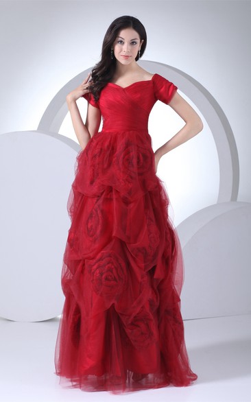 Mini-Sleeve A-Line Pick-Up Flower and Gown With Ruching
