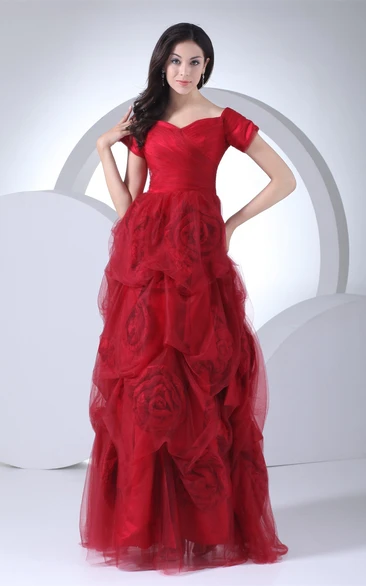 Mini-Sleeve A-Line Pick-Up Flower and Gown With Ruching
