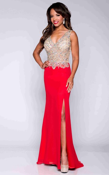 Sheath V-Neck Sleeveless Chiffon Prom Dress With Beaded Bodice