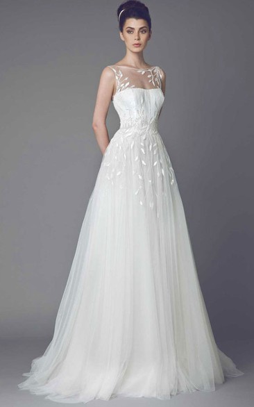 Bateau Maxi Appliqued Tulle Wedding Dress With Sweep Train And V Back