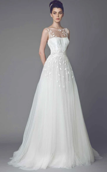Bateau Maxi Appliqued Tulle Wedding Dress With Sweep Train And V Back