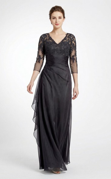 3/4 Sleeve V-Neck A-Line Applique Gown
