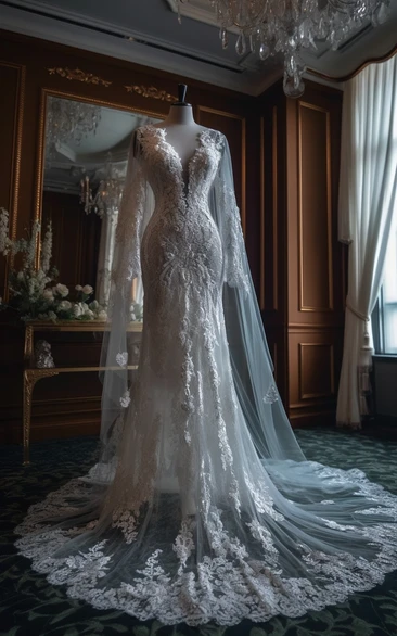 Plunged Long Sleeve Illusion Tulle Vintage Lace Applique Wedding Dress