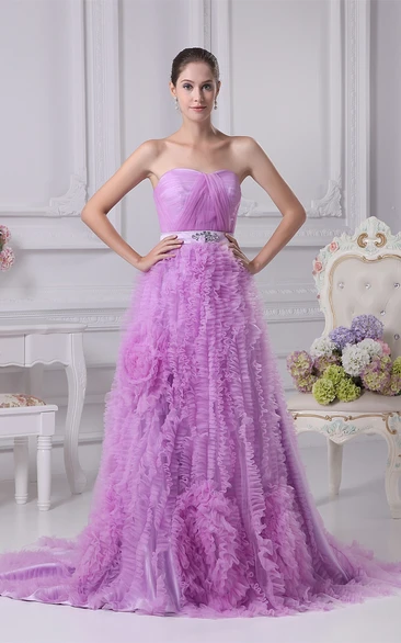 Sleeveless A-Line Ruched Broach and Gown With Ruffles