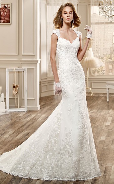 Sweetheart Cap-Sleeve Lace Wedding Dress With Brush Train And Open Back