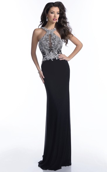 Form-Fitted Sleeveless Chiffon Column Prom Dress With Rhinestone Bodice