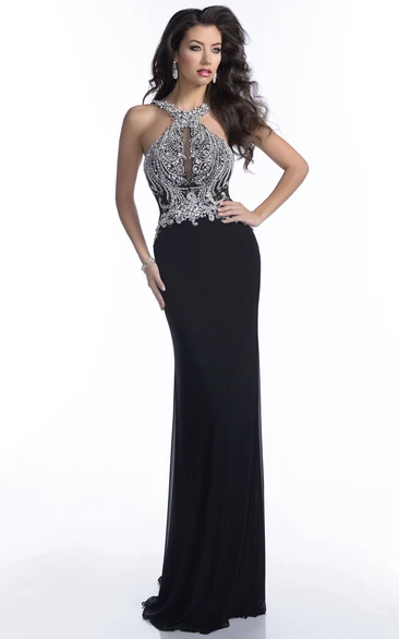 Form-Fitted Sleeveless Chiffon Column Prom Dress With Rhinestone Bodice
