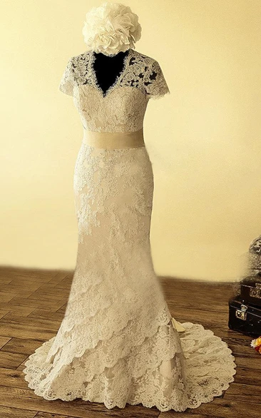 V-Neck Keyhole Back Mermaid Lace Vintage Wedding Dress With Sash And Flower