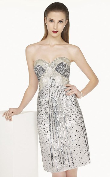 Allover Sequined Knee Length Prom Dress With Sweetheart Neckline