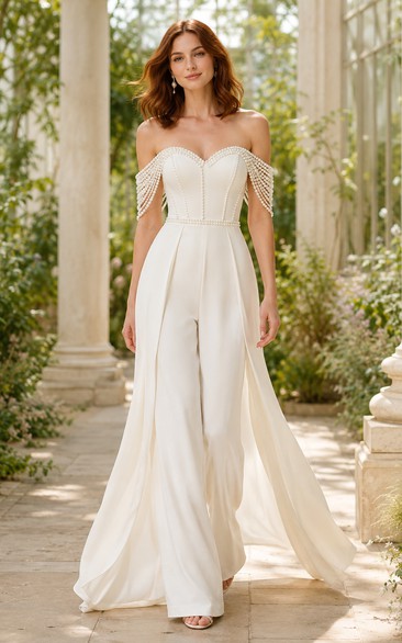 White Off-the-Shoulder Bridal Jumpsuit with Chiffon Train