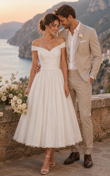 Vestido de novia de satén sin mangas, con escote en V y espalda abotonada, largo hasta la rodilla