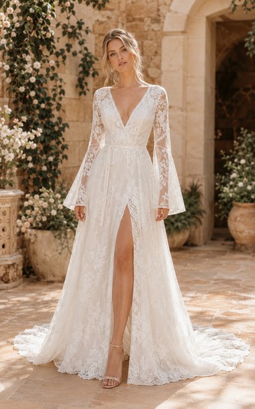 Boho Bell Loneg-sleeve Country Wedding Dress | Vintage Lace Hippie Bridal Gown with Sleeeves