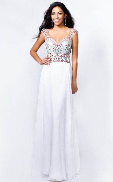 A-Line Long V-Neck Cap-Sleeve Jersey Low-V Back Dress With Appliques