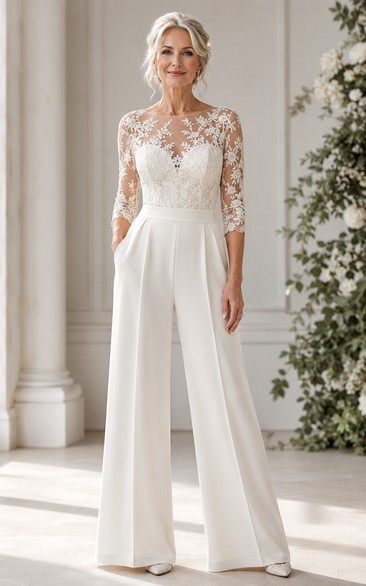 Lace Illusion Sleeve Bridal Jumpsuit with Wide Leg Pants