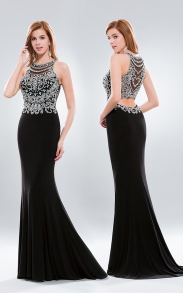 Sheath Scoop-Neck Sleeveless Jersey Illusion Dress With Beading