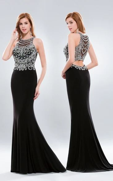 Sheath Scoop-Neck Sleeveless Jersey Illusion Dress With Beading