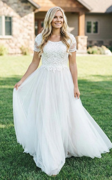 Short Sleeve Tulle A-Line Boho Wedding Dress
