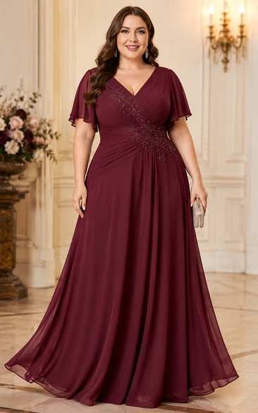 Plus Size A-Line Lace Plus Size Evening Dress with V-neck, Short Sleeve and Lace Ruching, Floor Length