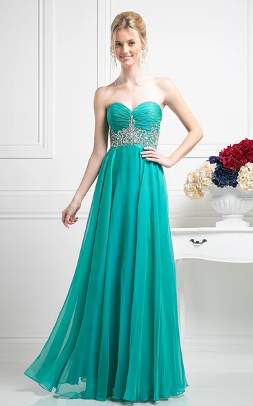 A-Line Sweetheart Chiffon Backless Dress With Ruching And Waist Jewellery