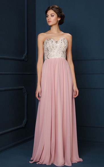 A-Line Beaded Sweetheart Sleeveless Floor-Length Chiffon Evening Dress With Pleats