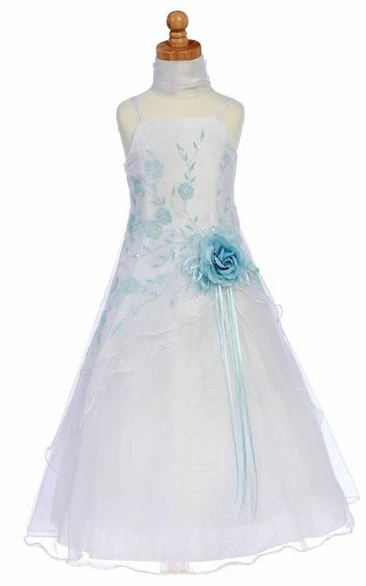 Spaghetti Ankle-Length Floral Cape Organza Flower Girl Dress With Straps