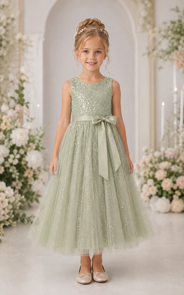 Tea-length Sage Lace Tulle Flower Girl Dress with Bow Sash