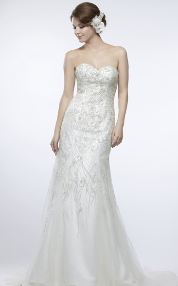 Sheath Sleeveless Sweetheart Beaded Tulle Wedding Dress With Brush Train