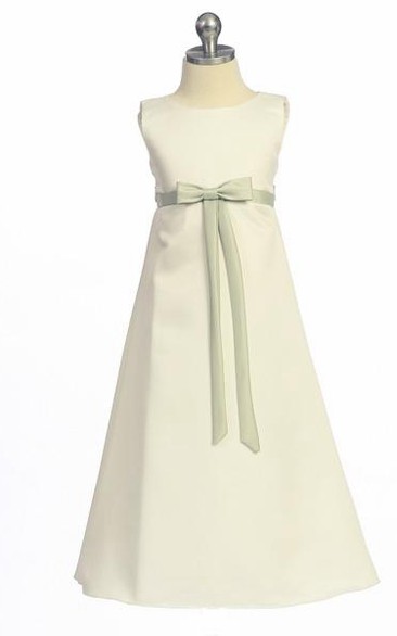 Ankle-Length Bowed Sleeveless Satin Flower Girl Dress