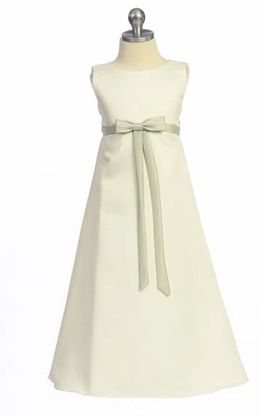 Ankle-Length Bowed Sleeveless Satin Flower Girl Dress
