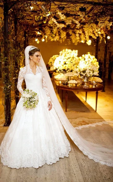 Elegant V-neck Long Sleeve Lace Wedding Dress Ball Gown