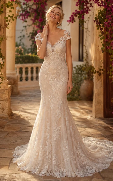 Cap Sleeve Lace Mermaid Wedding Dress with Scalloped Train
