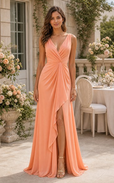Coral V-neck Chiffon A-Line Dress with Ruffle Slit