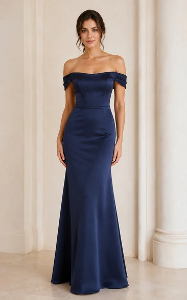 Dark Navy Off-the-Shoulder Satin Mermaid Bridesmaid Dress