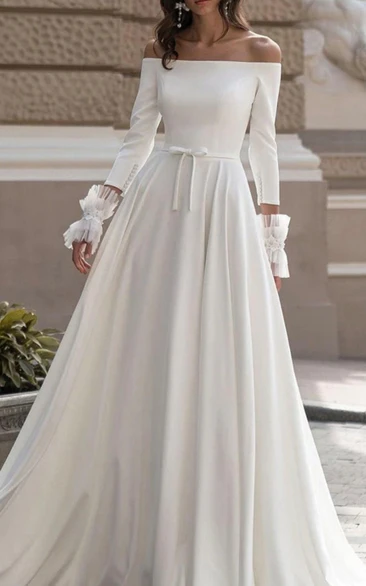 Elegant Off-the-shoulder Simple A-Line Satin 3-4-sleeve Vestidos De Novia Graceful Wedding Dress
