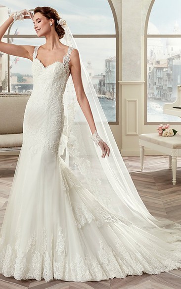 Square-Neck Sheath Mermaid Bridal Gown With Lace Straps And Brush Train