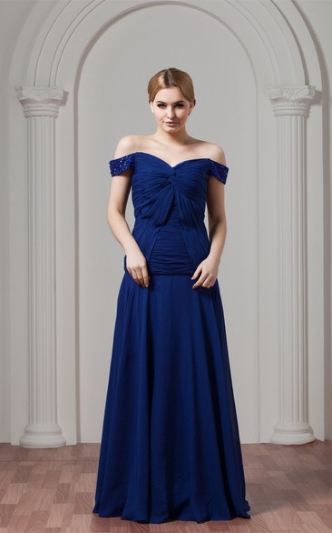 Off-The-Shoulder Floor-Length Chiffon Central Ruching and Dress With Beading